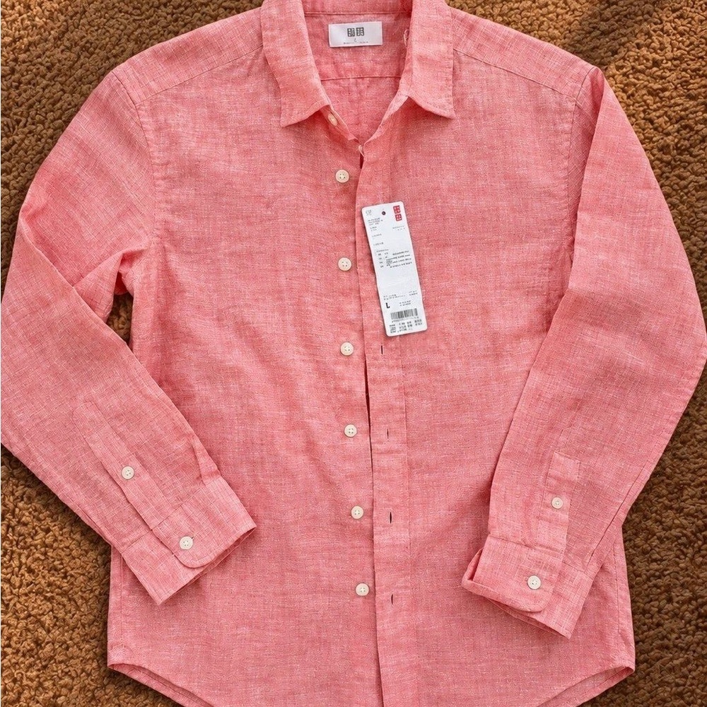 Uniqlo Men's Coral Pink Linen Blend Button-Down Shirt